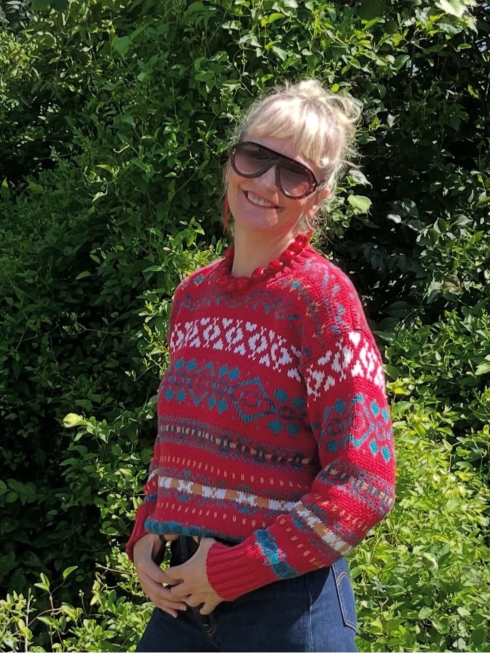 Vintage GAP Red Fair Isle Cotton Crewneck Sweater with Multicolor Accents